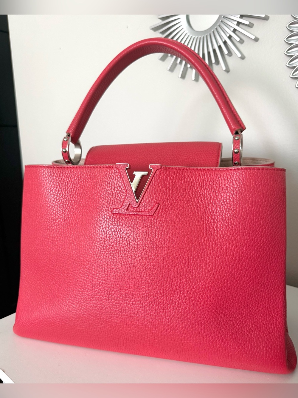 Louis Vuitton Capucines MM Coral/Red Taurillon Leather Top Handle bag w/COA